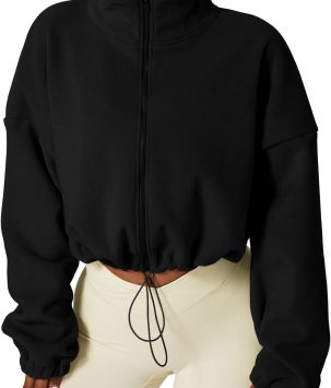 Women's Full Zip Fleece Short Jacket Warm Winter Long Sleeve Stand Collar Sherpa Crop Coat