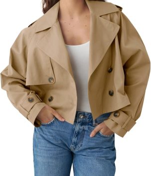 Womens Cropped Trench Coat Lapel Double Breasted Short Jacket Outwear