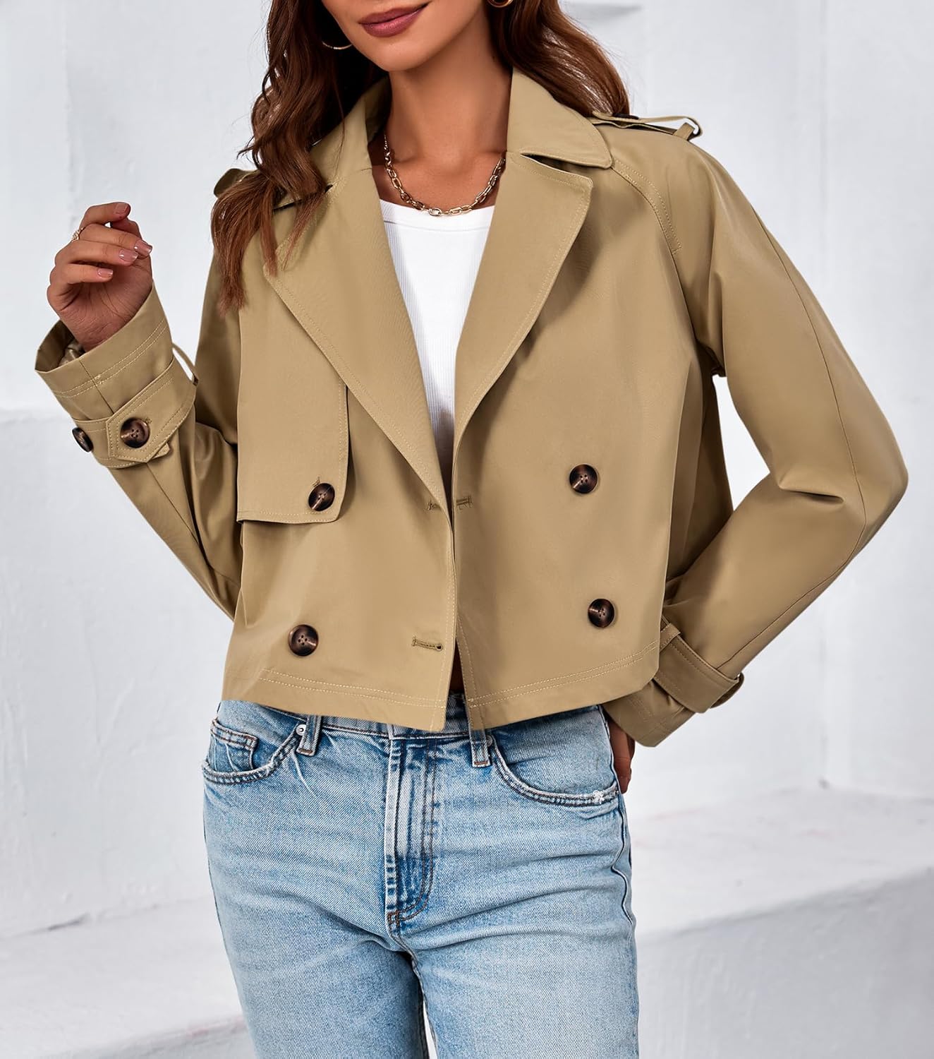 Womens Cropped Trench Coat Lapel Double Breasted Short Jacket Outwear - Image 3