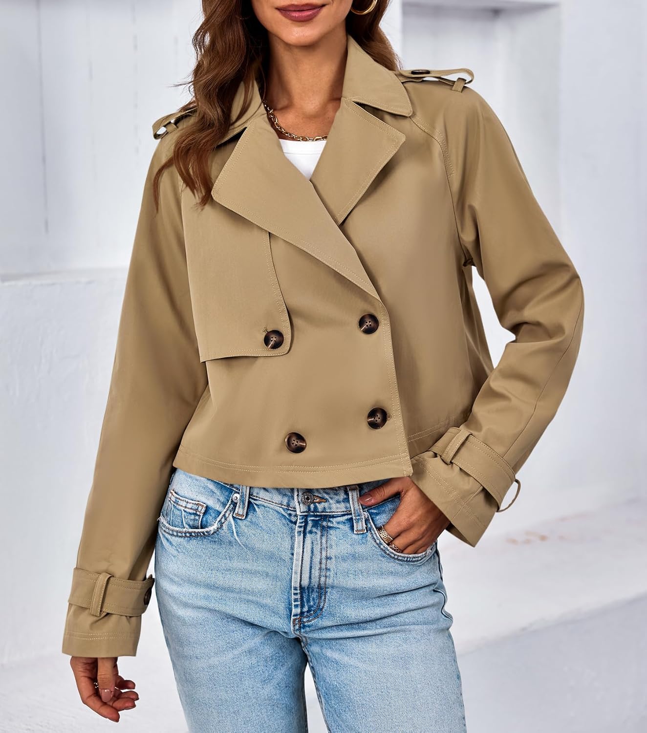Womens Cropped Trench Coat Lapel Double Breasted Short Jacket Outwear - Image 4