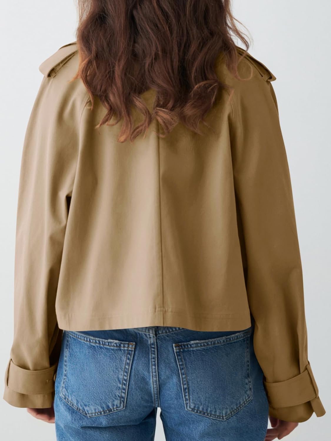 Womens Cropped Trench Coat Lapel Double Breasted Short Jacket Outwear - Image 5